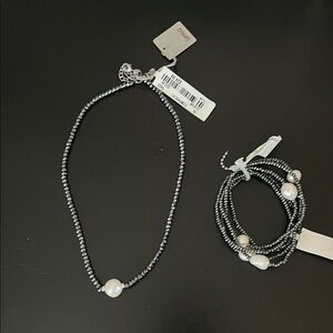 Elegant Silver and Cultured Pearl Beaded Necklace and Bracelet Set